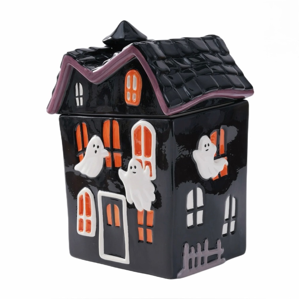 NIB - Spooky Halloween Ceramic Haunted House Cookie Jar with Ghosts - Large